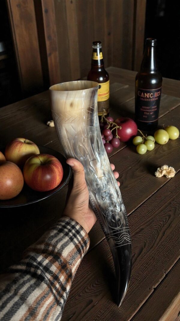 Viking Engraved Drinking Horn – Handcrafted Natural Ox Horn with Nordic Wolf Design for Mead & Beer