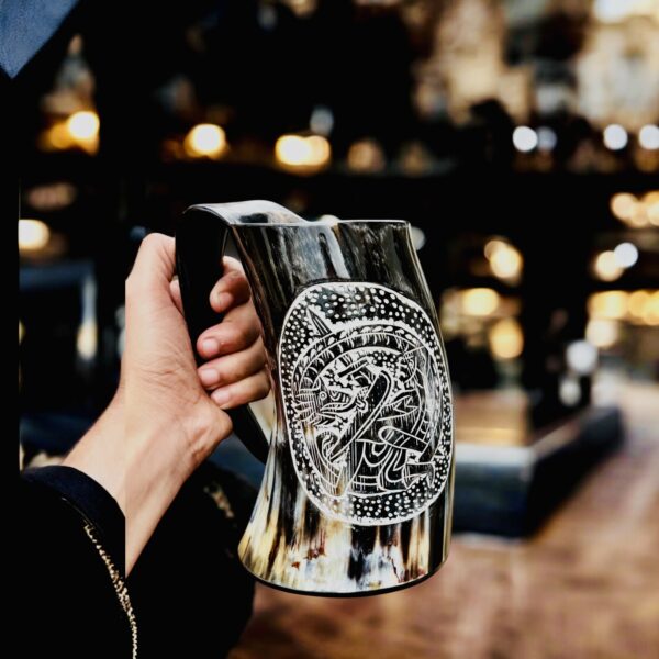 Handmade Viking Engraved Ox Horn Mug with Handle | Nordic Engraved Medieval Beer, Mead & Ale Mug