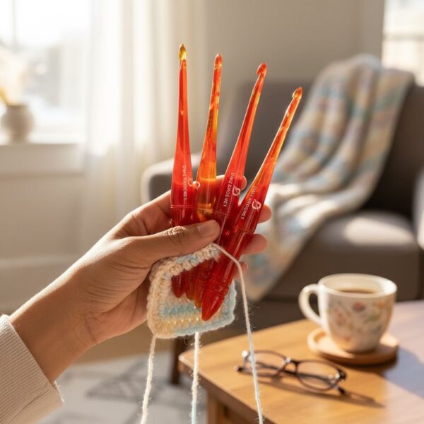 Handmade Resin Crochet Hook Set – Red & Amber Ergonomic Glitter Hooks by Daiz Crochet