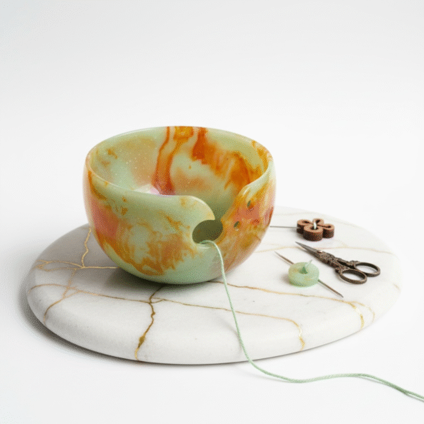 Sunset Mint Marble Resin Yarn Bowl–Handmade Crochet Knitting Organizer